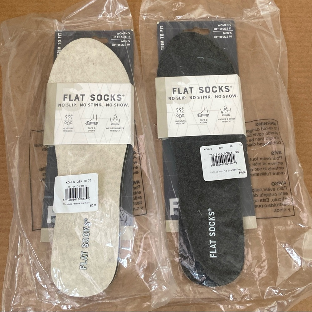 2 X Flat Socks Women's Microwool Flat Socks Shoe Liner 1 Pair Trim-to-Fit